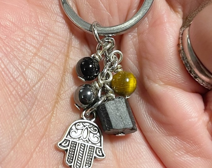 Protection & Luck Keyring. Psychic Protection Crystal Energy. Bag Charm, Bag Clip, Keyring. Lucky Charm. Hamsa Hand. Good Luck Crystals.