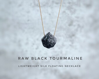 Raw Black Tourmaline Necklace. Floating Necklace. Natural Silk Necklace.  Birthstone Gifts. Incl Gift Box, Info Card & Ribbon Wrap