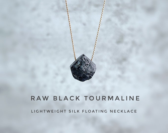 Raw Black Tourmaline Necklace. Floating Necklace. Natural Silk Necklace.  Birthstone Gifts. Incl Gift Box, Info Card & Ribbon Wrap