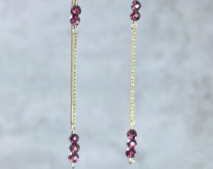Garnet Threader Earrings. January Birthstone. Sterling Silver. Anniversary Gift. Passion & Commitment. Birthday Gift. Garnet Earrings.
