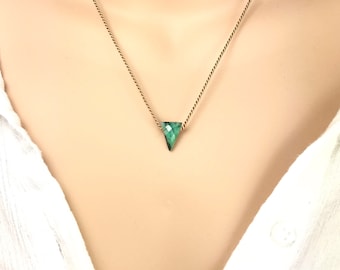 Emerald Geometric Triangle Necklace: Raw Gemstone Silk Cord