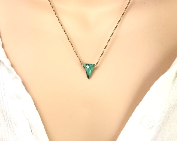 Emerald Necklace. Geometric Triangle Floating Necklace. Natural Strong Silk Cords. Gift Box & Info Card. Choice of Birthstones. May. Taurus