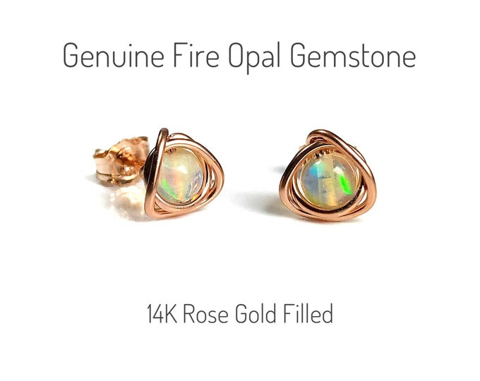 Genuine Opal Earrings. Fire Opal Stud Earrings. October Birthstone Gifts 14K Rose Gold Filled. Incl Gift Box & Info Card. Ribbon Wrapping