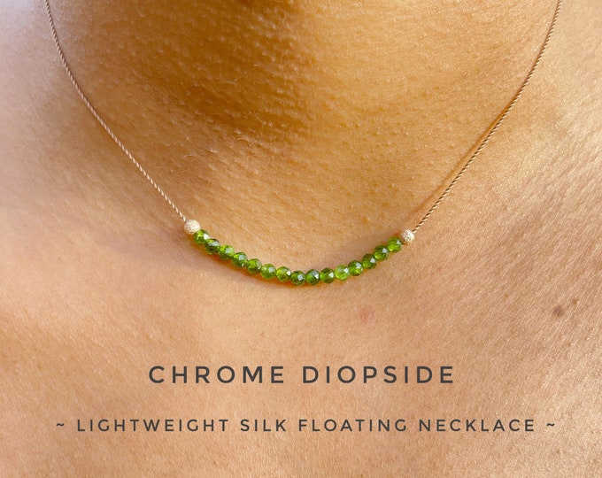 Chrome Diopside Necklace. Floating Necklace. Lightweight Natural Silk Necklace. Birthstone Gifts. Includes Gift Box, Info Card & Ribbon Wrap