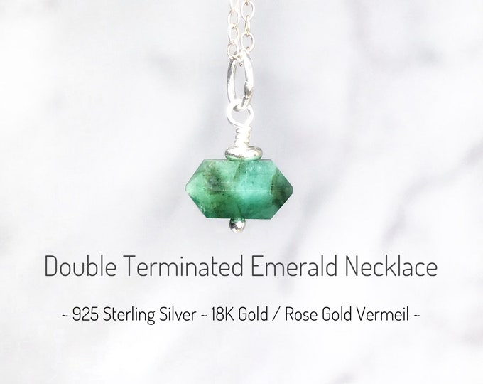 Emerald Necklace. Double Terminated A Grade. Sterling Silver, 18K Gold Vermeil, 18K Rose Gold Vermeil. Gift Box & Info Card.