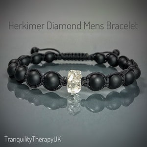 Herkimer Diamond Mens Bracelet: Black Onyx Shamballa Style