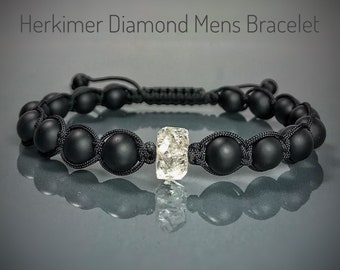 Herkimer Diamond Mens Bracelet: Black Onyx Shamballa Style