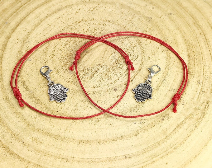 Couples Red Thread Amulet Bracelet or Anklet with Hamsa Hand Clip Charm. Good Luck Gifts. Express Love & Positivity.  Commitment Bracelets