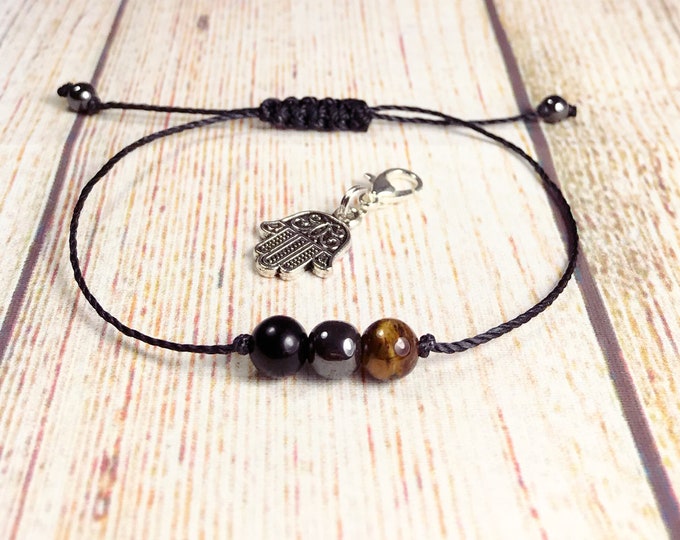 Hamsa Hand Bracelet: Black Tourmaline, Tiger's Eye, Hematite Crystal Protection