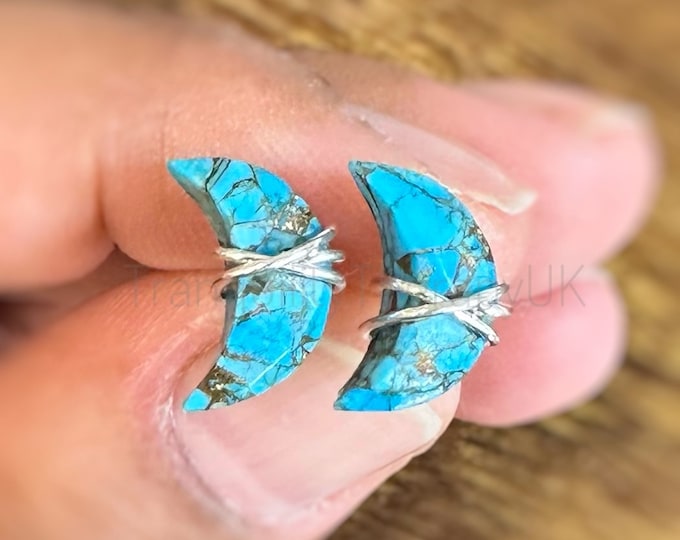 Crescent Moon Turquoise Stud Earrings: Sterling Silver, December Birthstone