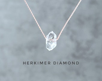 Herkimer Diamond Necklace. Floating Necklace. Lightweight Silk Necklace.  Birthstone Gifts. Incl Gift Box, Information Card & Ribbon Wrap