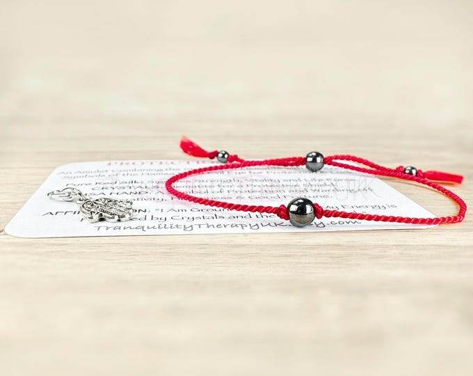 Red Silk Thread Bracelet: Hematite Amulet, Hamsa Charm