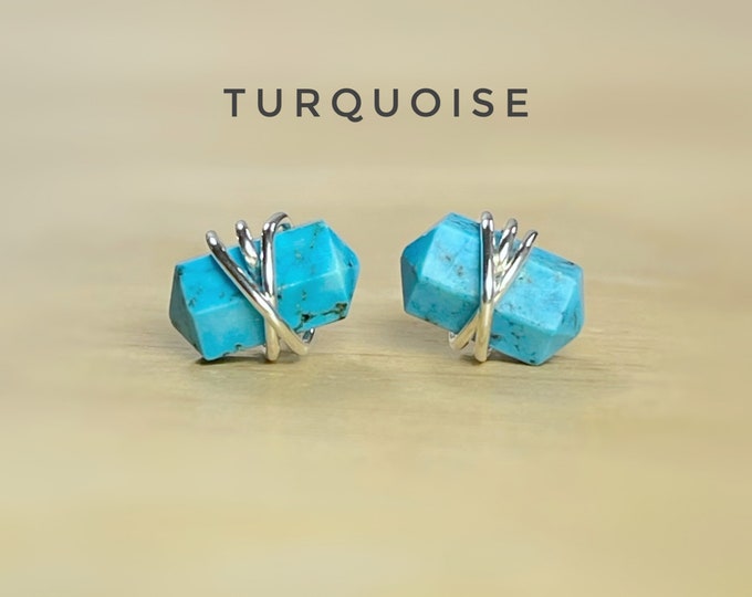 Turquoise Stud Earrings. Double Terminated Turquoise Jewelry. Includes a Gift Box & Crystal Info Card. December Birthstone Earrings.