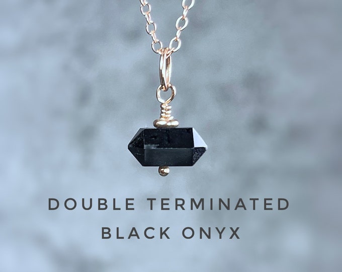 Black Onyx Necklace. Double Terminated. Sterling Silver, 18K Gold Vermeil, 18K Rose Gold Vermeil. Incl Information Card. Protection.