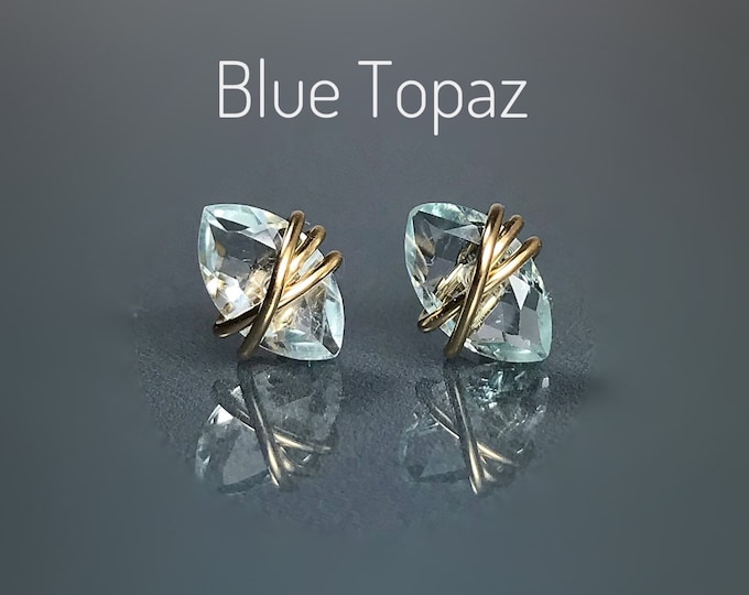 Blue Topaz Stud Earrings. High Grade AAAA. Sterling Silver. 14K Gold/Rose Gold Filled. Includes Gift Box & Card. March Birthstone.