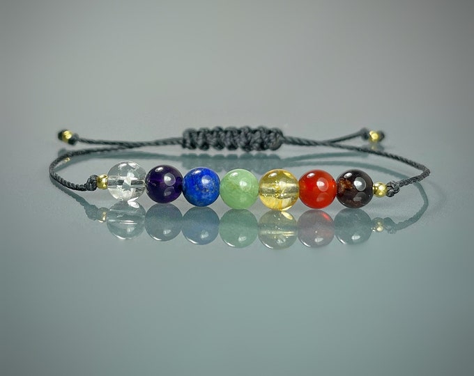 7 Chakra Balancing Bracelet. Minimalistic Yoga Bracelet. Meditation Bracelet, Rainbow. Genuine Gemstones. Aura. Silk Cord Choice & Colours