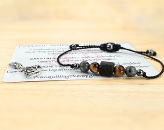 Psychic Protection Bracelet, Raw Black Tourmaline, Positivity, Evil Eye Bracelet, Happiness, Good Luck. Crystal Gift Sets, Affirmation Card