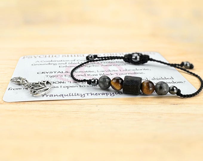 Psychic Protection Bracelet, Raw Black Tourmaline, Positivity, Evil Eye Bracelet, Happiness, Good Luck. Crystal Gift Sets, Affirmation Card