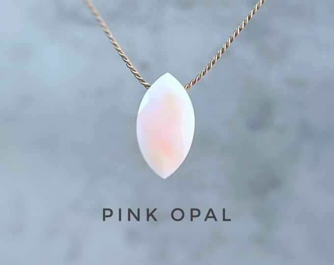 Marquise Pink Opal Necklace. October Birthdays Teardrop Necklace. Silk Floating Necklace. Gift Box & Info Card. Choice of Birthstones