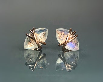 AAA Rainbow Moonstone Stud Earrings: Sterling Silver, June Birthstone