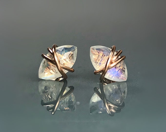 Moonstone Earrings. June Birthstone Gift. AAA Rainbow Moonstone Stud Earrings. Sterling Silver. 14K Gold/Rose Gold Filled. Incl gift Box