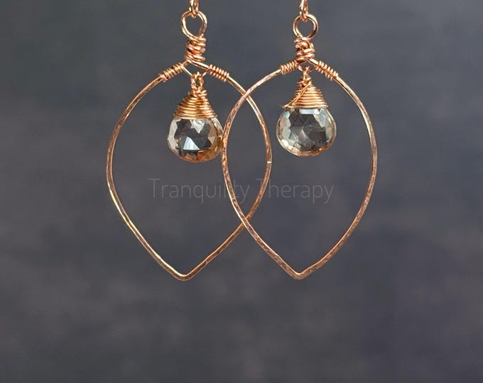 Imperial Topaz Earrings: Dainty Briolette Tear Drop. Hammered Leaf Shape. Sterling Silver, 14K Gold Rose Gold Filled. October Birthstone