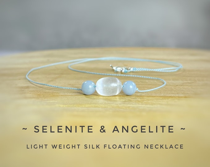 Selenite & Angelite Necklace.  Incl Gift Box and Ribbon Wrapping. Minimalistic Natural Silk Necklace. Selenite Necklace. Angelic Connection.