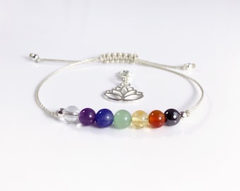 7 Chakra Balancing Gemstone Bracelet. Crystal Healing. Yoga, Tranquility Meditation, Rainbow. Genuine Gemstones. Aura. Choose Cord Colour