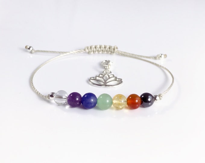 7 Chakra Balancing Gemstone Bracelet. Crystal Healing. Yoga, Tranquility Meditation, Rainbow. Genuine Gemstones. Aura. Choose Cord Colour