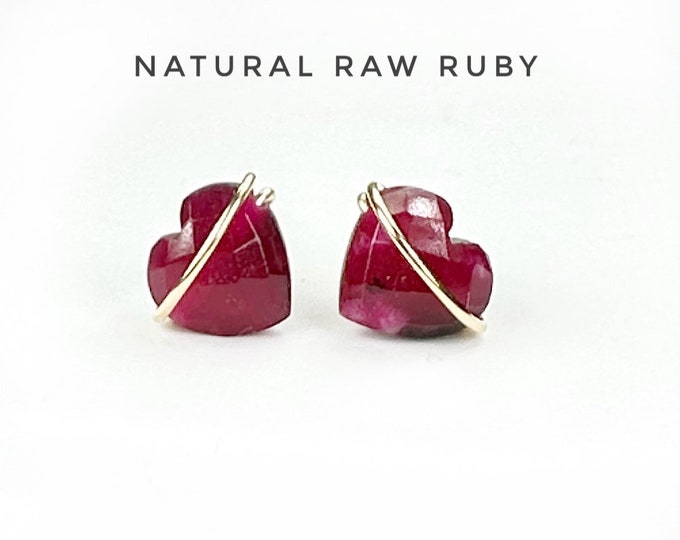 Natural Ruby Heart Stud Earrings: Sterling Silver, 14K Gold Filled