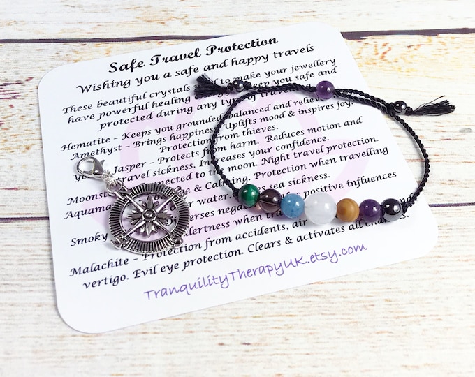 Unisex Travel Bracelet with Information Card and Compass Charm. Safe Travelling, Holidays & Journeys. Travel Protection. Travel Gift.