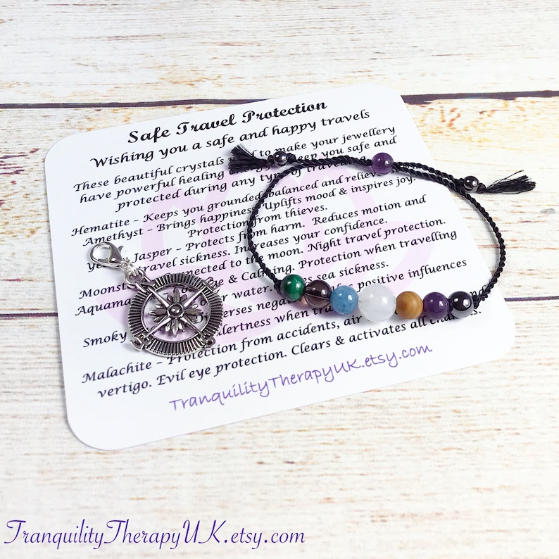 Unisex Travel Bracelet with Information Card and Compass Charm. Safe Travelling, Holidays & Journeys. Travel Protection. Travel Gift. image 1