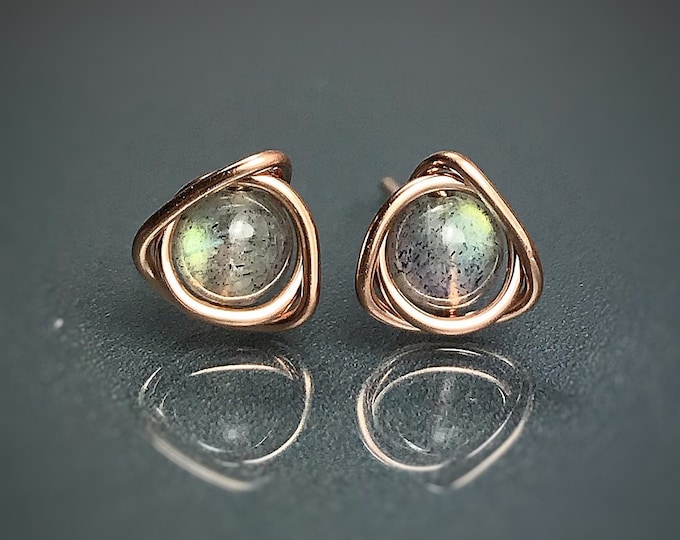 Labradorite Stud Earrings. Eternity Knots Studs Sterling Silver. 14K Gold/Rose Gold Filled. Incl Gift Box & Info Gift Card. Birthday Gift