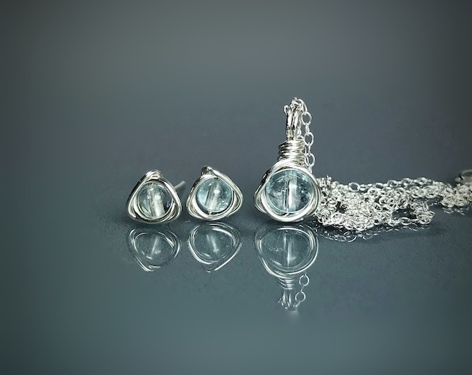 Blue Topaz Necklace & Blue Topaz Stud Earrings Set. March Birthstone. AAA Grade.Incl Gift Box, Crystal Info Card, Ribbon Wrap. Birthday Gift