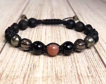 Mens Gemstone Shamballa Bracelet: Black Onyx, Lava Stone, Pyrite
