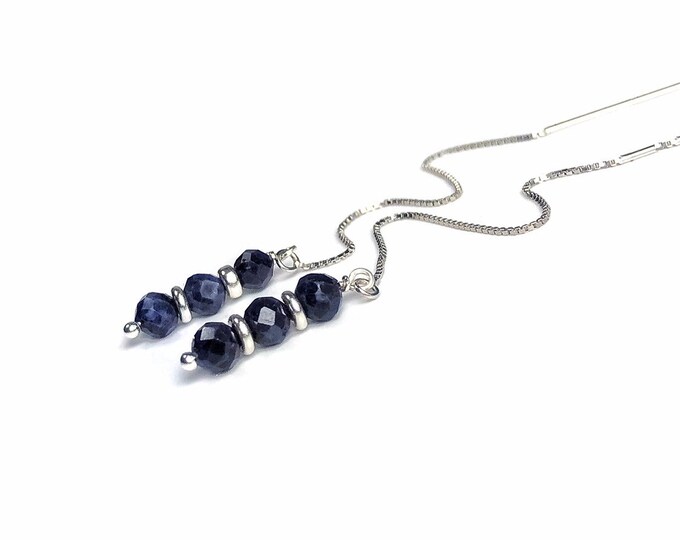 Blue Sapphire Earrings. Threader Earrings. Sterling Silver. September Birthstone. Incl Gift Box & Info Presentation Card. Birthstone Gift.