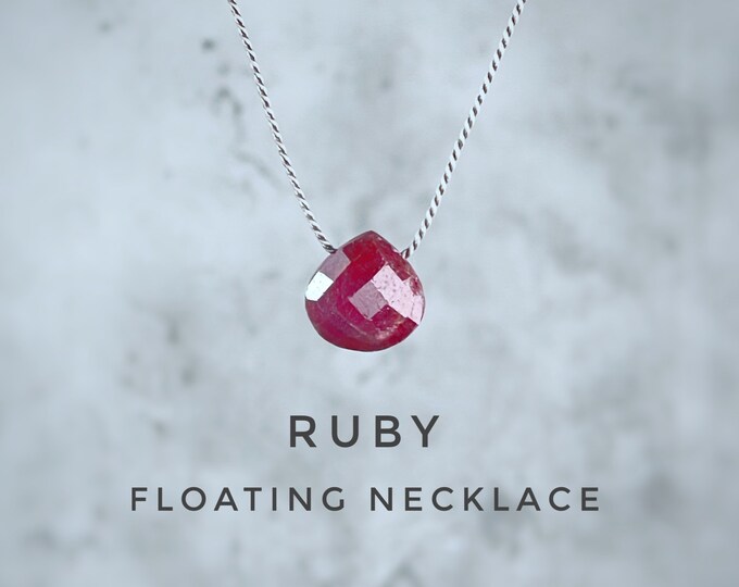 Ruby Necklace. Heart Briollette Teardrop Necklace. Silk Floating Necklace. Valentines Jewelry. Choice of Birthstones. Heart Necklace.