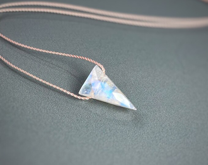Rainbow Moonstone Necklace. Geometric Triangle Floating Necklace. Natural Strong Silk Cords. Gift Box & Info Card. Choice of Birthstones.