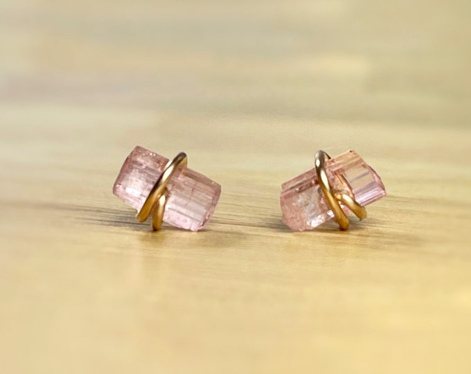 Raw Pink Tourmaline Stud Earrings: Sterling Silver, Gold Filled, October Birthstone