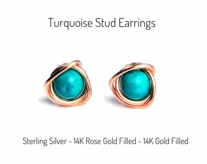 Turquoise Stud Earrings. Eternity Knot Roses Earrings. Sterling Silver. 14K Gold. December Birthstone Gifts. InclGift Box & Crystal Card.