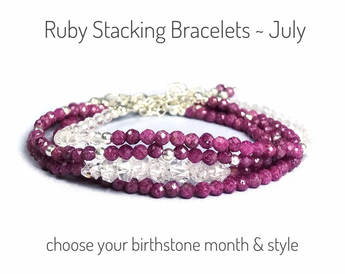 Natural Ruby Stacking Bracelets in Sterling Silver, Rose Gold Filled. July Birthstone. Heart Chakra. Incl Gift Box and Info Card. 4 Styles