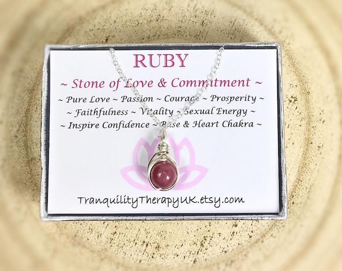 Genuine Ruby Necklace Gift Set. Plaited Style. Sterling Silver, 14K Gold, 14K Rose Gold. Includes Gift Wrap & Gift Box. July Birthstone.