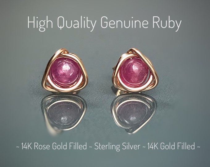 High Quality Ruby Stud Earrings Eternity Knot. Sterling Silver. Gold/Rose Gold Filled. July Birthstone Gifts. Incl Gift Box & Info Gift Card