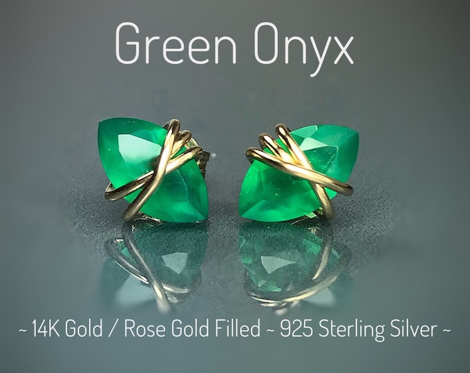 Green Onyx Stud Earrings: Sterling Silver, Gold Filled, Birthstone