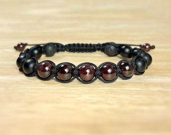 Garnet Mens Bracelet. Garnet Bracelet. January Birthstone. Shamballa Mens Yoga Bracelet. Mens Mala. Root Chakra. Incl Gift Wrap & Pouch.