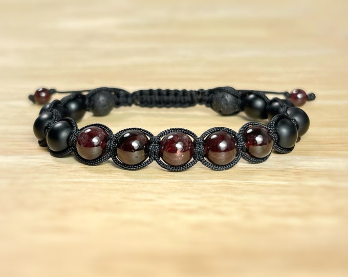 Garnet Mens Shamballa Bracelet: Lava Stone Yoga Mala, January Birthstone