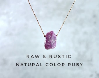 Raw Ruby Necklace: Rustic Silk Floating Gemstone, Birthstone Gift