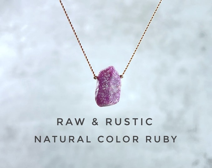 Raw Ruby Necklace: Rustic Silk Floating Gemstone, Birthstone Gift