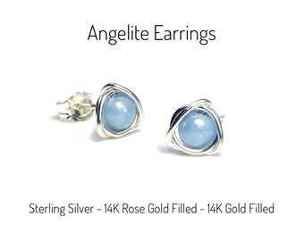 Angelite Stud Earrings. Eternity Knot Roses Studs. Sterling Silver. Gold/Rose Gold Filled. Incl Gift Box & Info Gift Card. Guardian Angel