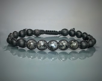 Black Moonstone Mens Bracelet. June Birthstone. Mens Yoga Bracelet. Mens Mala. Incl a Lotus Flower Clip Charm, Gift Wrapping & a Gift Pouch